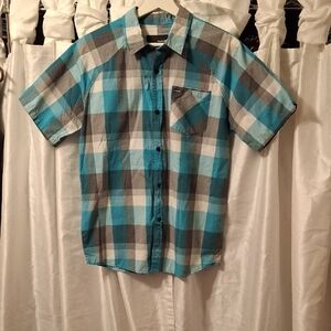 Hurley Turquoise and Gray Plaid Button Down Shirt XL